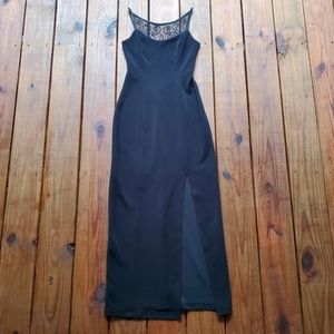 Vintage 90's size 3 / 4 black fitted mesh back front slit midi dress